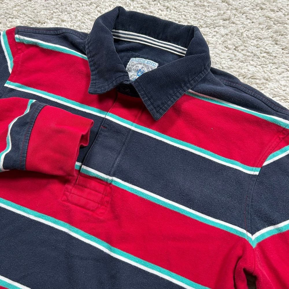 Vintage Lands End Rugby Shirt Medium Red Blue Stripe Corduroy Collar Long Sleeve